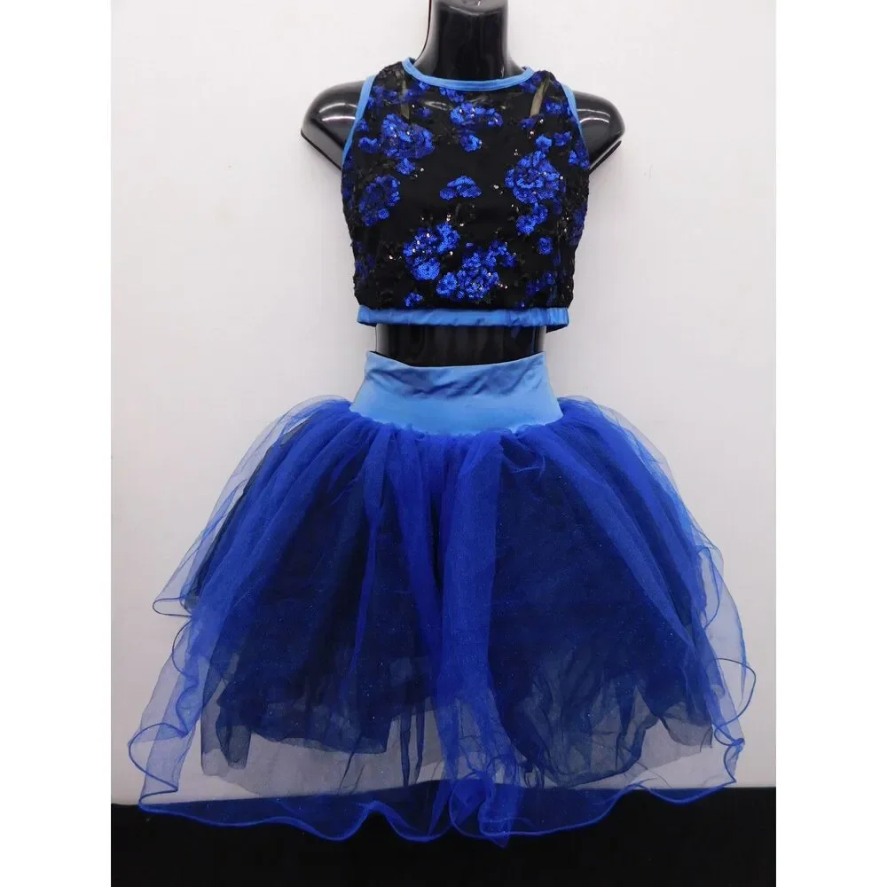 Pre-Owned Dance Costume Curtain Call J5262 Large Child Royal Blue 2pc Embroider
